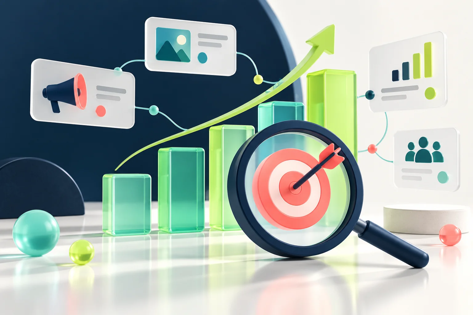 A campaign target, magnifying glass, and translucent growth bars
